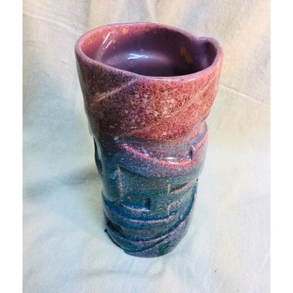 Vintage Large Cylinder Vase Geometric Pink And Blue Glaze Retro